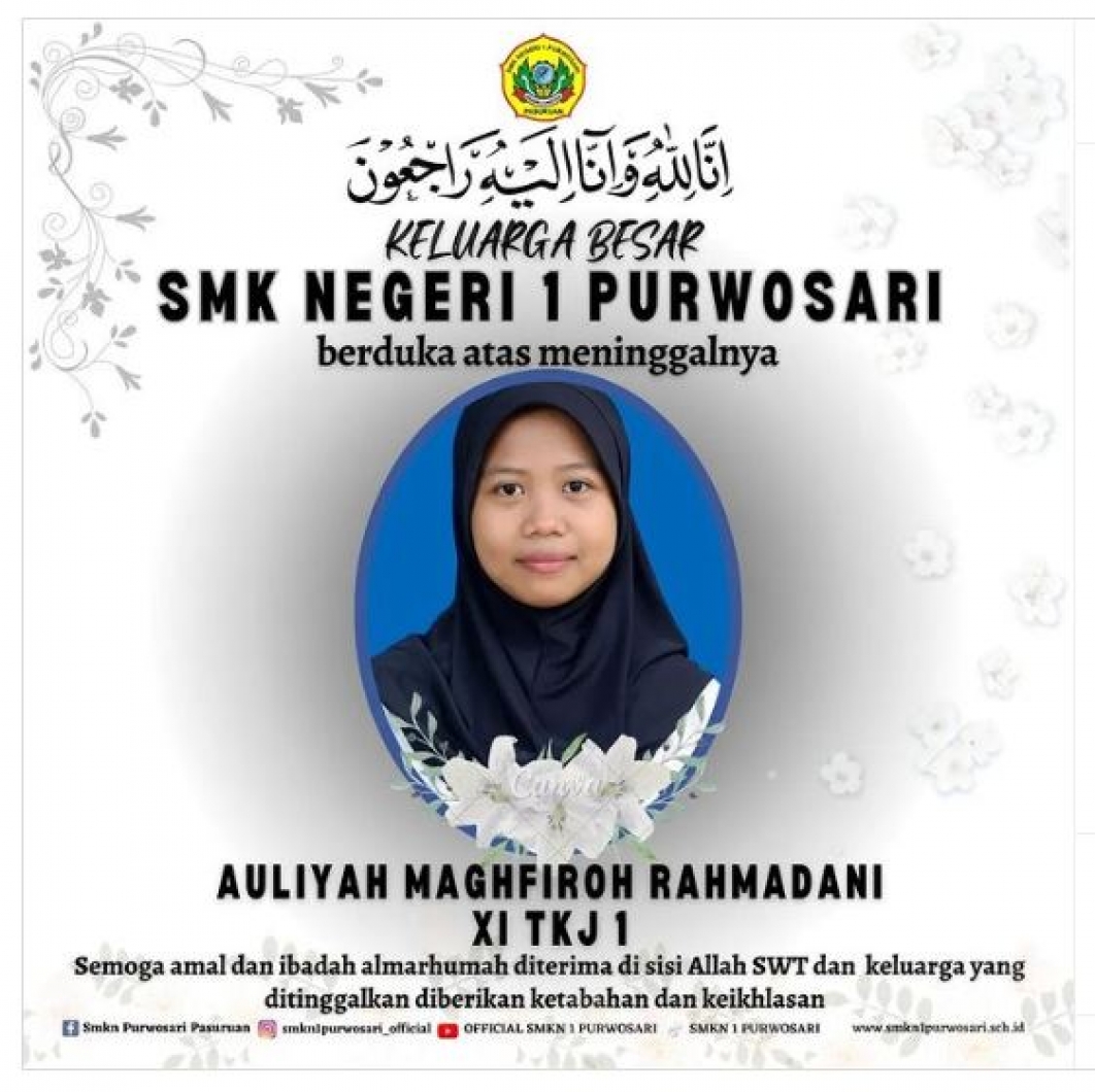 Gambar dari Turut Berdukacita Atas Berpulangnya Ananda Auliyah Maghfiroh Rahmadani Siswi SMKN 1 Purwosari 